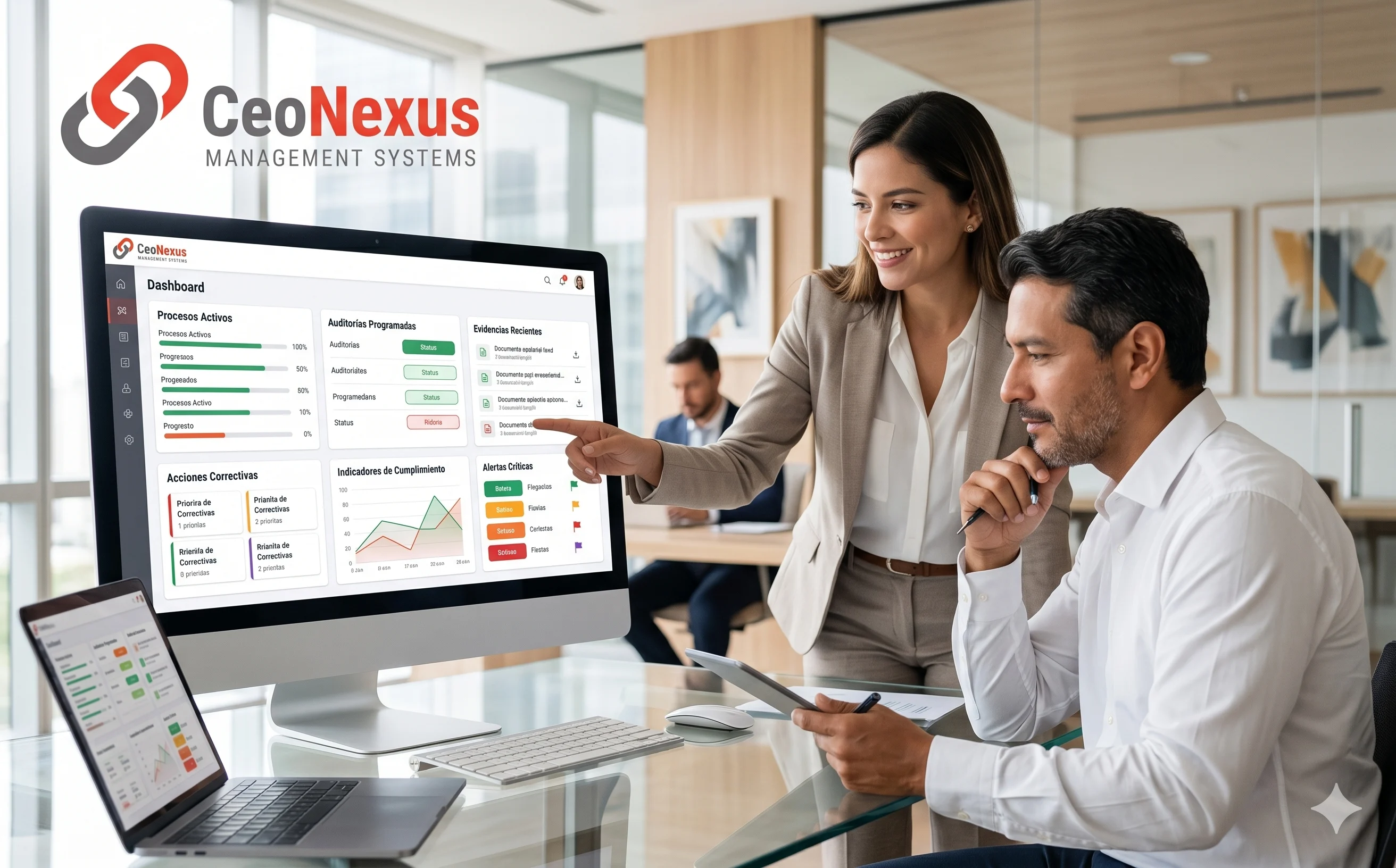 Profesionales revisando un dashboard de CeoNexus para administrar procesos, auditorías, evidencias e indicadores
