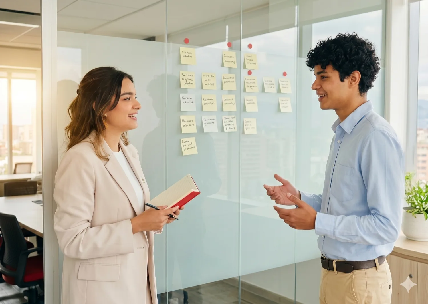 Sesión de formación corporativa con profesionales revisando un tablero de trabajo